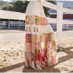 Tiered Boho Patchwork Wide Leg Palazzo Pants M Festival Hippie Cottagecore